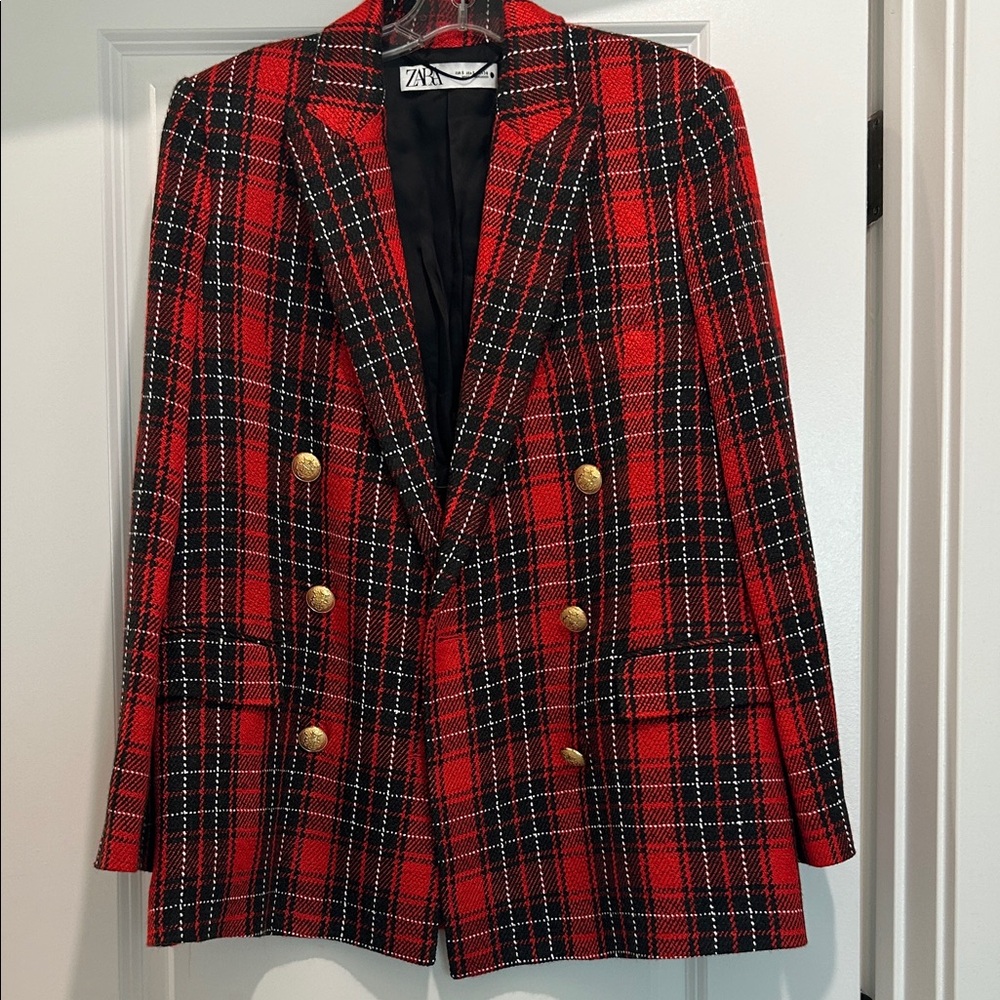 Zara Tartan Red and Black  Blazer with Gold Accents
